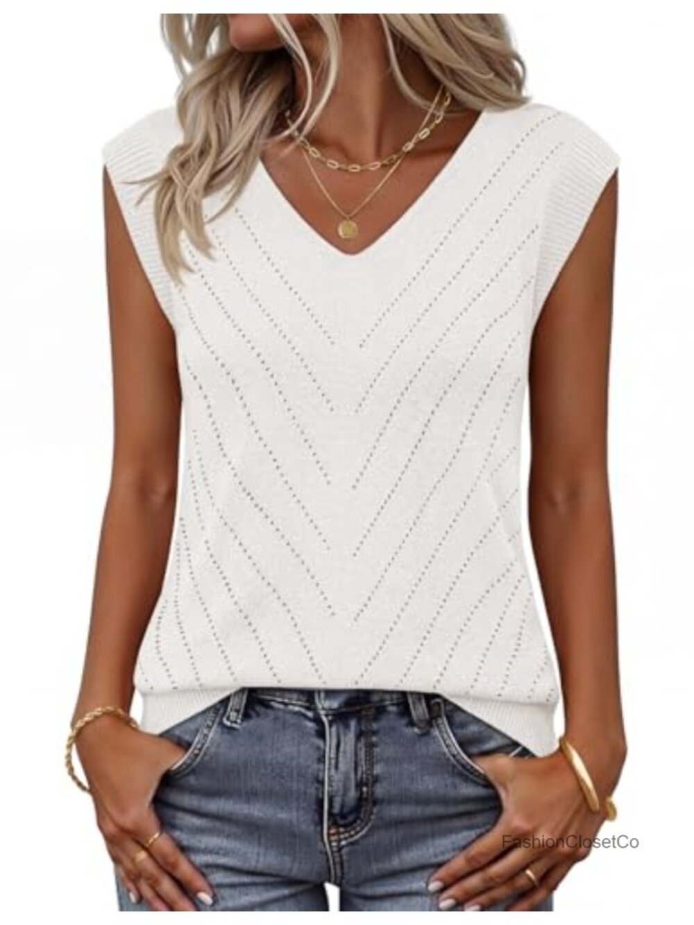 Womens Sleeveless Eyelet Sweater Vest V-Neck Lightweight Knit Top